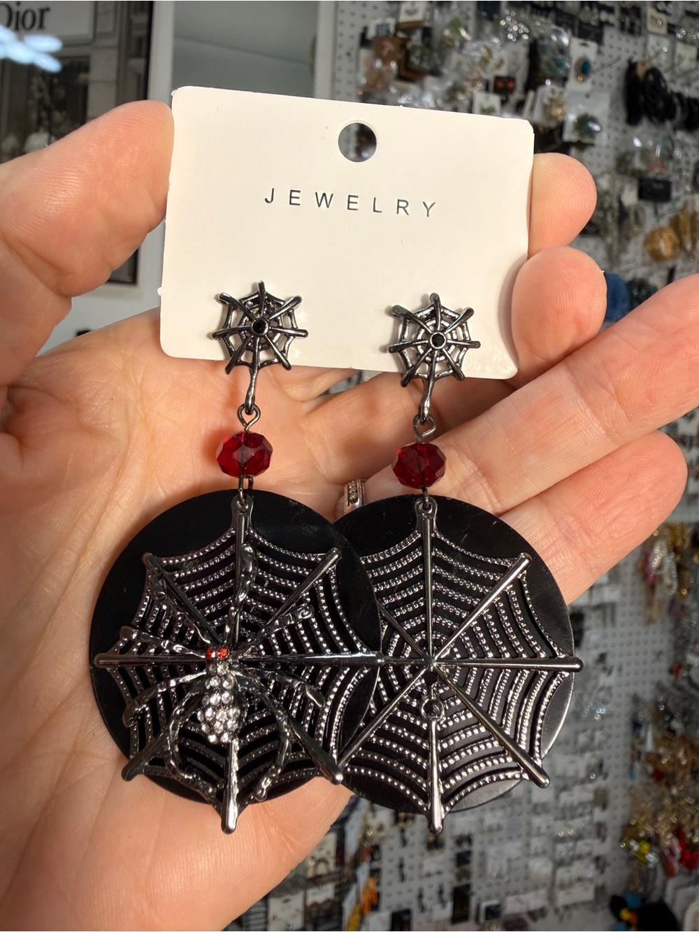 Black Spider Web Dangle Earrings with Red Beads